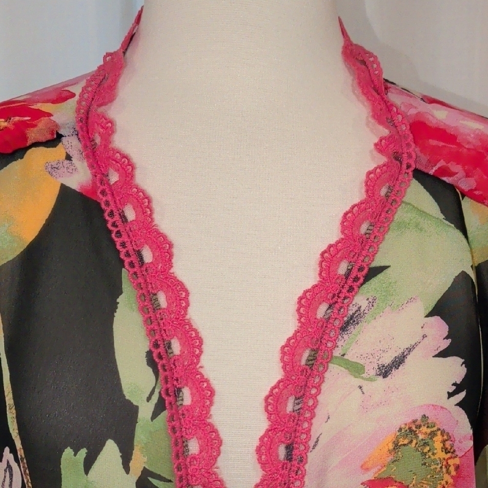 NWOT Sheer Floral Kimono -Pink Lace Trim- Swim Coverup XL - Picture 4 of 7